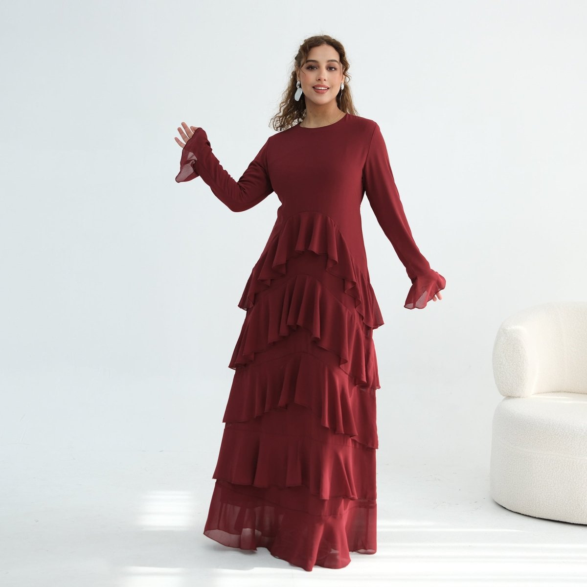 Tiered Ruffle Maxi Dress with Ruffle Cuffs(MS337) - Mariam's Collection