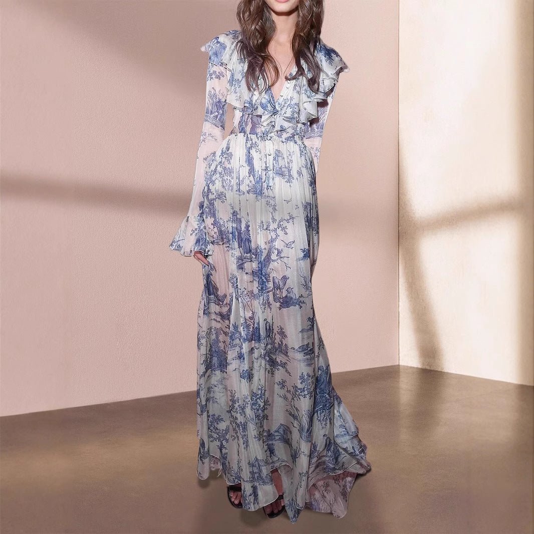 Toile de Jouy Print Ruffle Maxi Dress(MS422) - Mariam's Collection