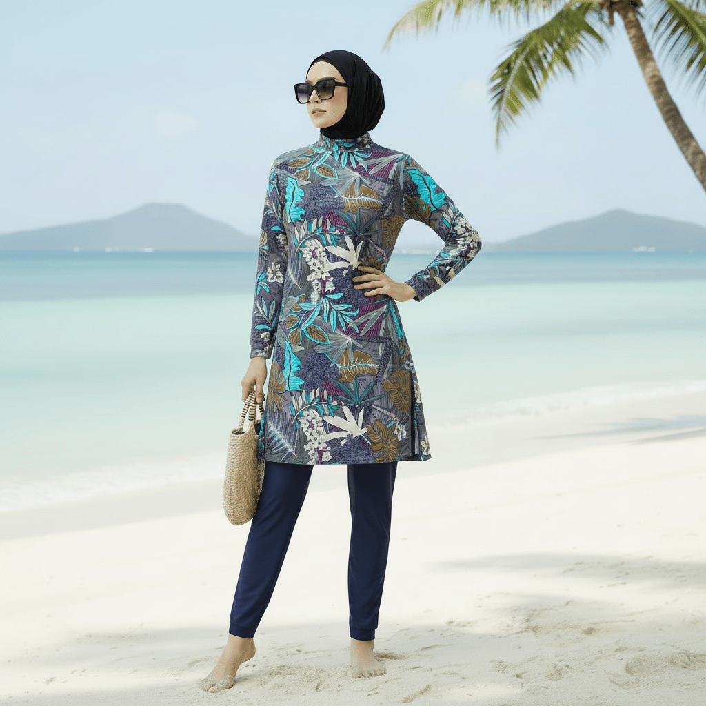 Tropical Print Modest Burkini Swimsuit Set(MB022) - Mariam's Collection