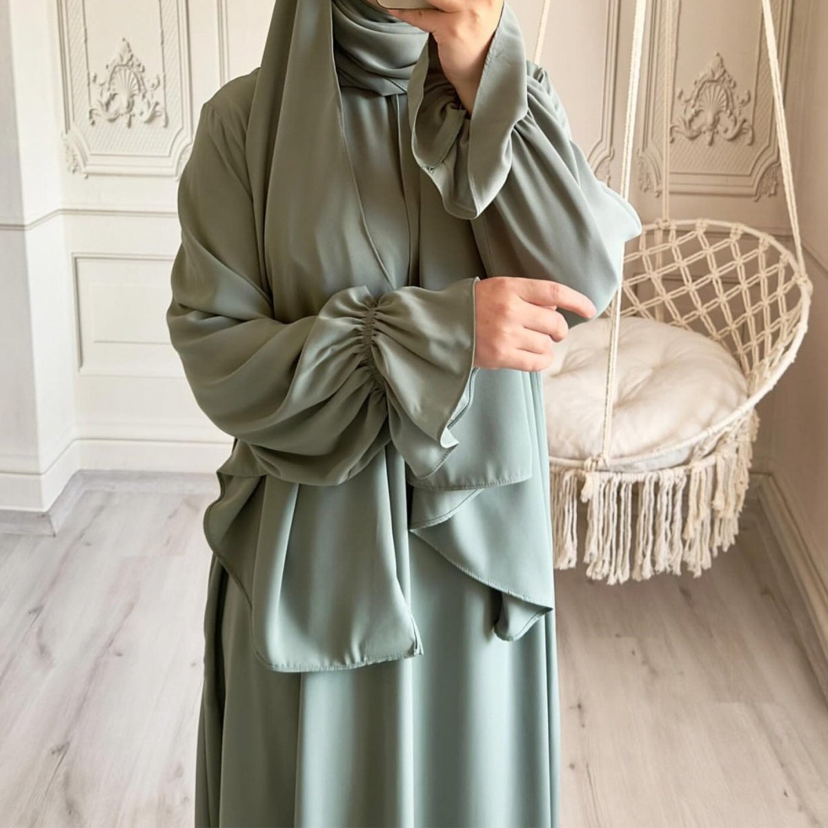 Trumpet Sleeve One - piece Hooded Abaya with Side Pocket (MA132) - Mariam's Collection