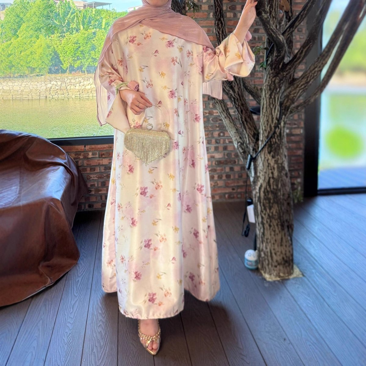 Tulip Print Kaftan Abaya with Ribbon Ties | Pullover Gown