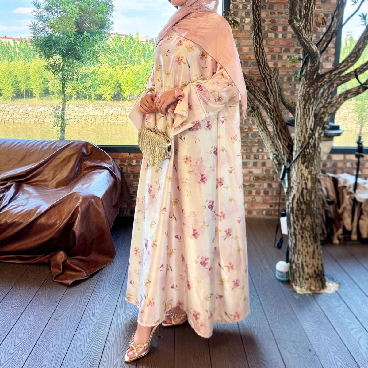 Tulip Print Kaftan Abaya with Ribbon Ties | Pullover Gown