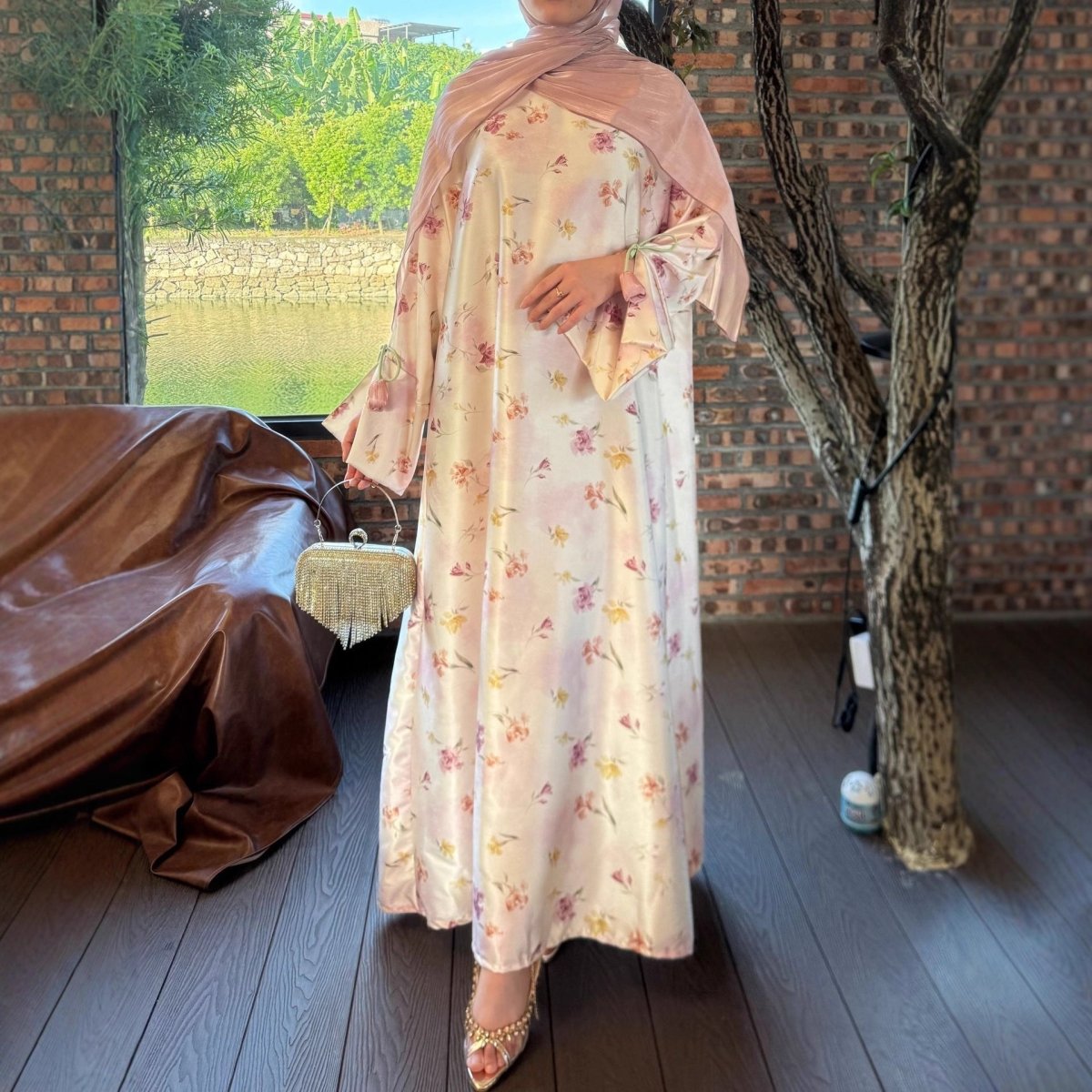 Tulip Print Kaftan Abaya with Ribbon Ties | Pullover Gown