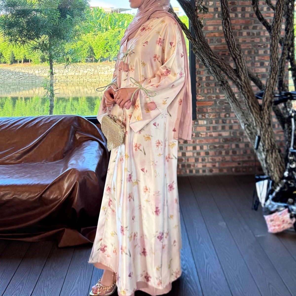 Tulip Print Satin Abaya Set with Jacket | Two-Piece Kimono Outfit