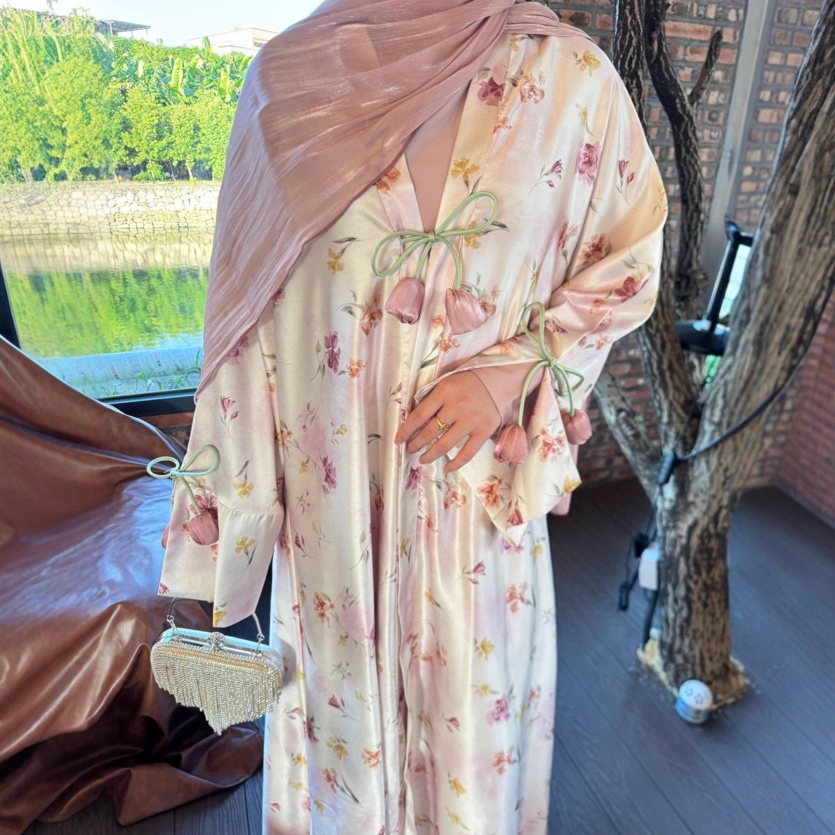 Tulip Print Satin Abaya Set with Jacket | Two-Piece Kimono Outfit