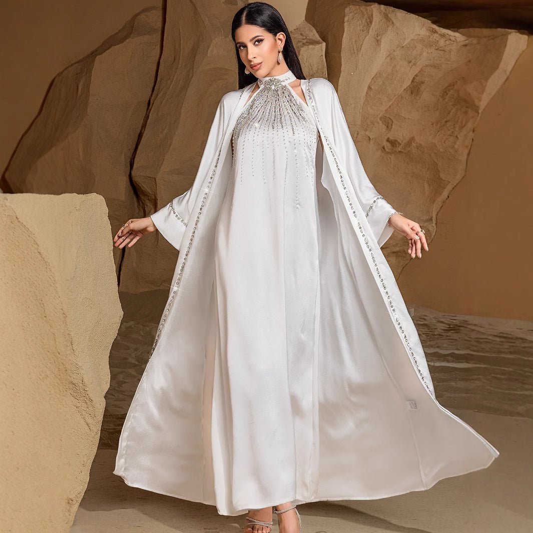 Two-Piece Kaftan Fashion Hand-Stitched Diamond Dress(MOA150) White / S Two-Piece Kaftan Fashion Hand-Stitched Diamond Dress(MOA150) White / S