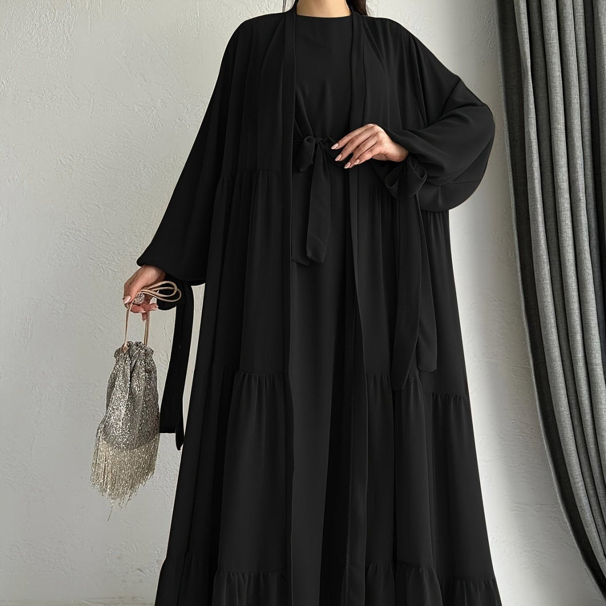 Two - Piece Tiered Dress & Tie - Sleeve Cardigan Set(MOA292) - Mariam's Collection