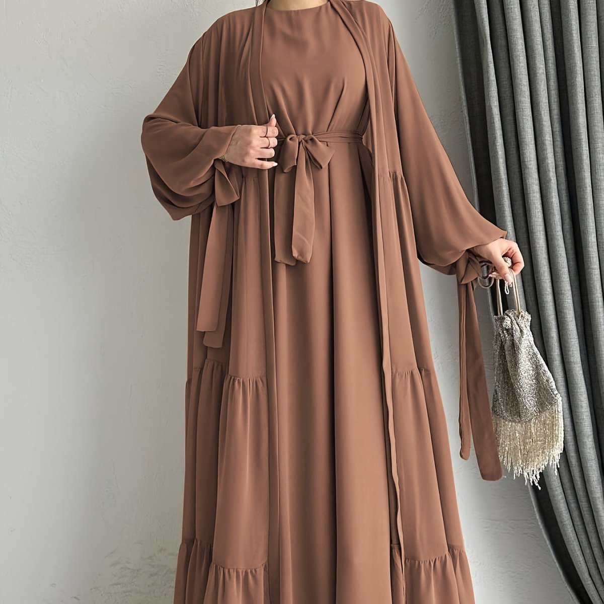 Two - Piece Tiered Dress & Tie - Sleeve Cardigan Set(MOA292) - Mariam's Collection