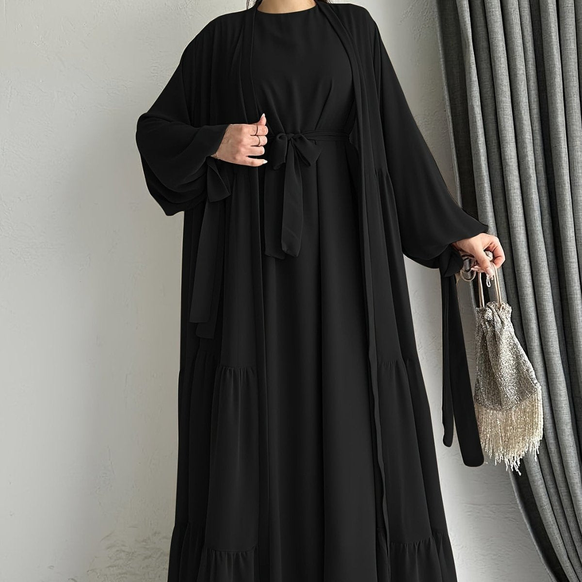 Two - Piece Tiered Dress & Tie - Sleeve Cardigan Set(MOA292) - Mariam's Collection