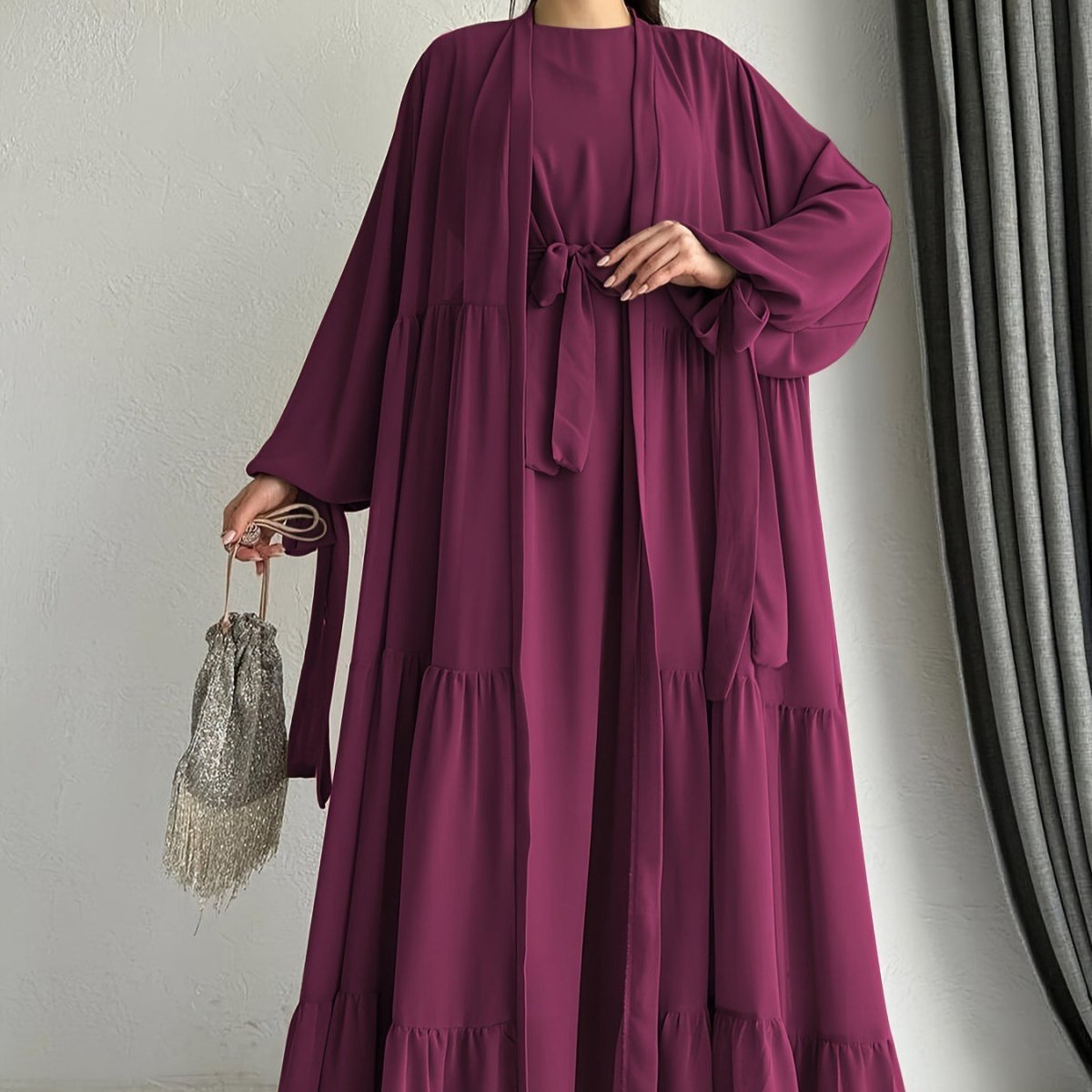 Two - Piece Tiered Dress & Tie - Sleeve Cardigan Set(MOA292) - Mariam's Collection