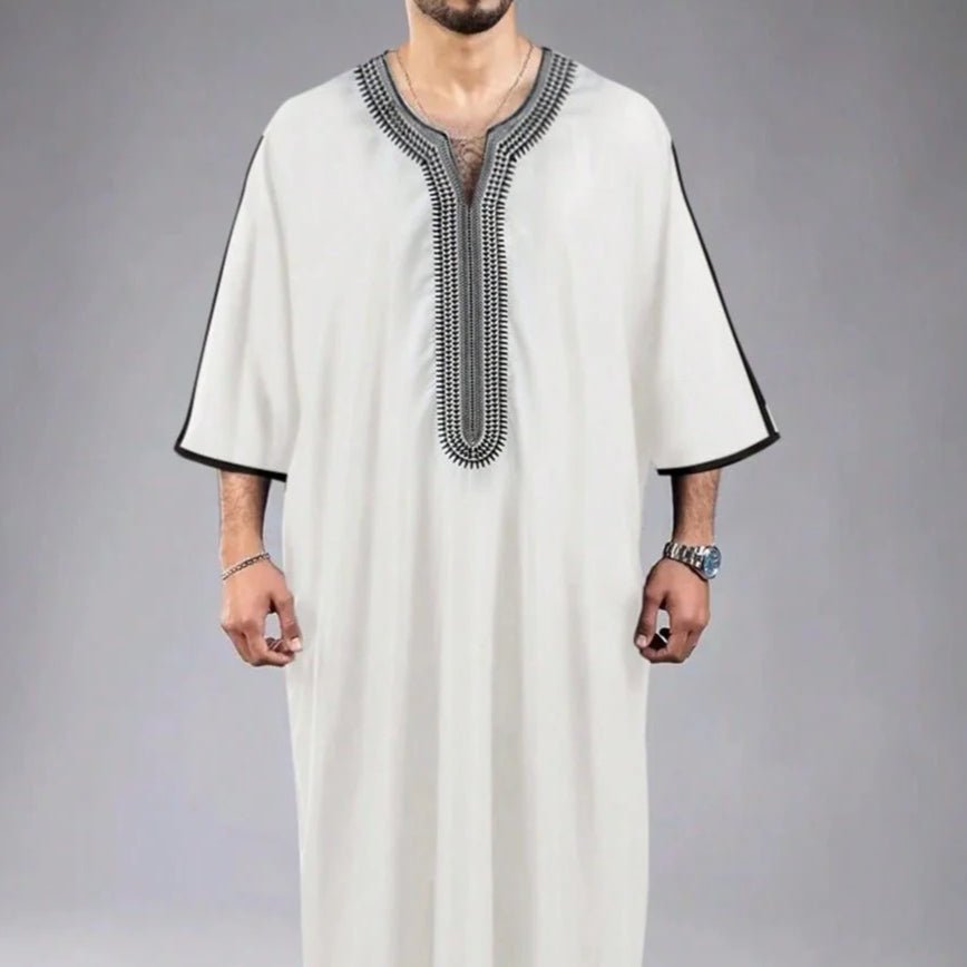 V - Neck Geometric Stitching Embroidered Medium Short Sleeve Muslim Robe Thobe (MT030) - Mariam's Collection
