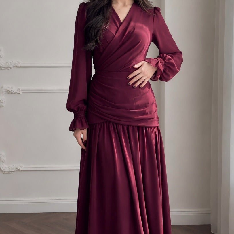 V-Neck Ruched Waist Gathered Maxi Dress(MS505) - Mariam's Collection