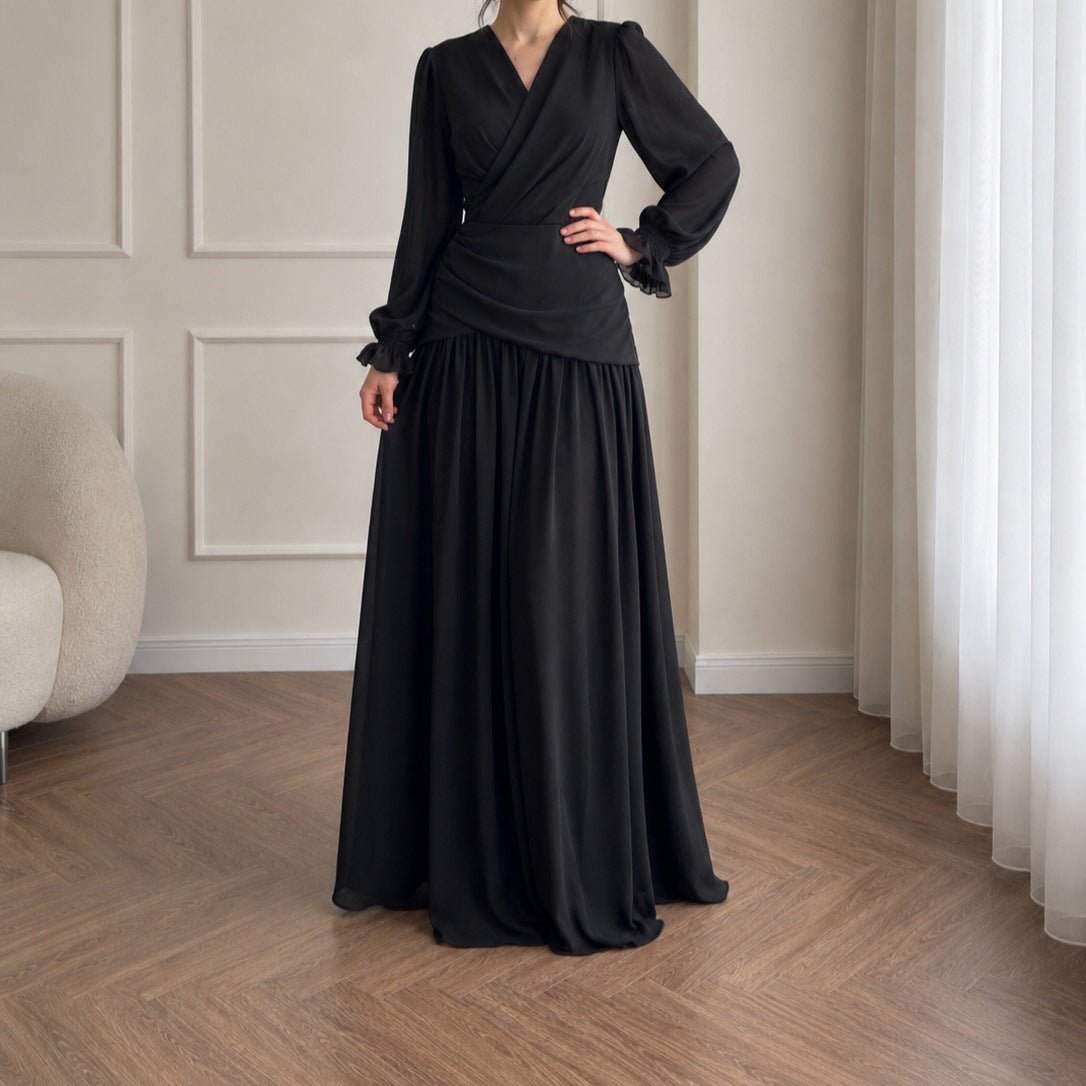 V-Neck Ruched Waist Gathered Maxi Dress(MS505) - Mariam's Collection