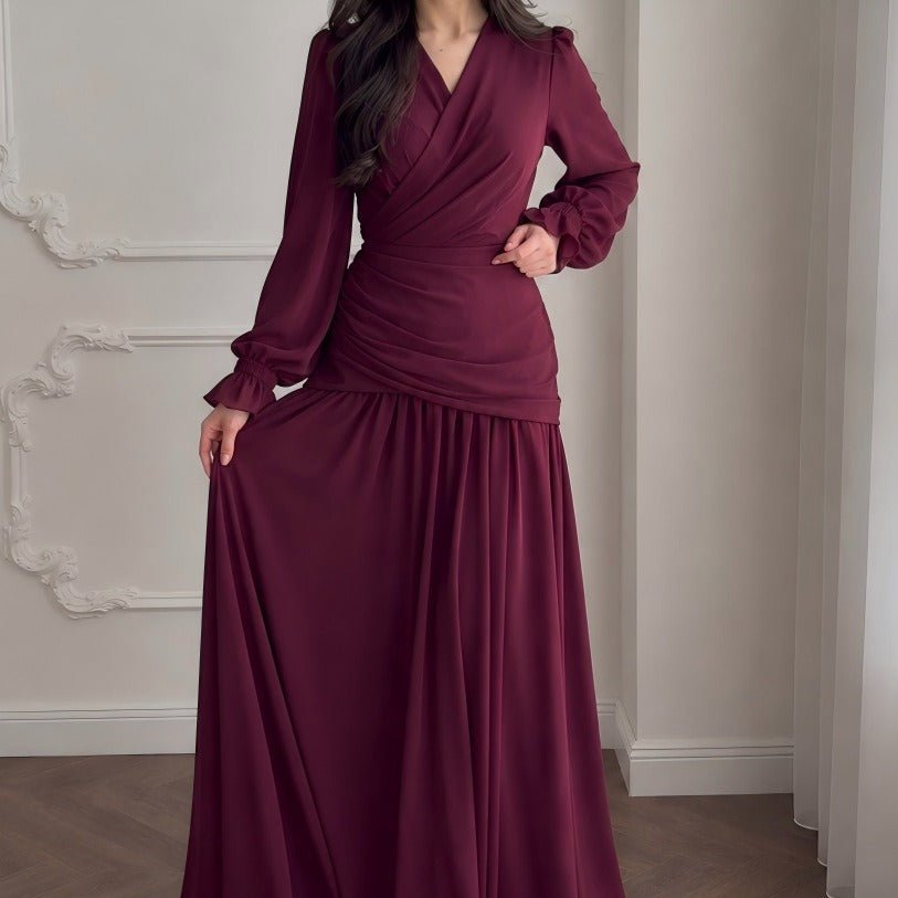 V-Neck Ruched Waist Gathered Maxi Dress(MS505) - Mariam's Collection