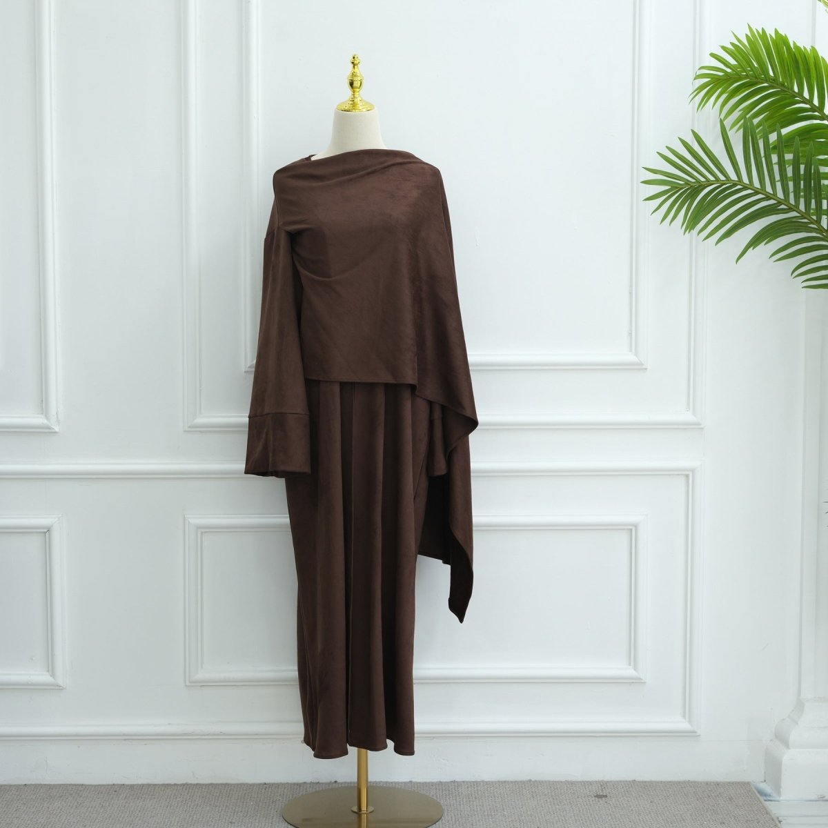V - Neck Suede - Look Abaya with Attached Cape(MOA247) - Mariam's Collection