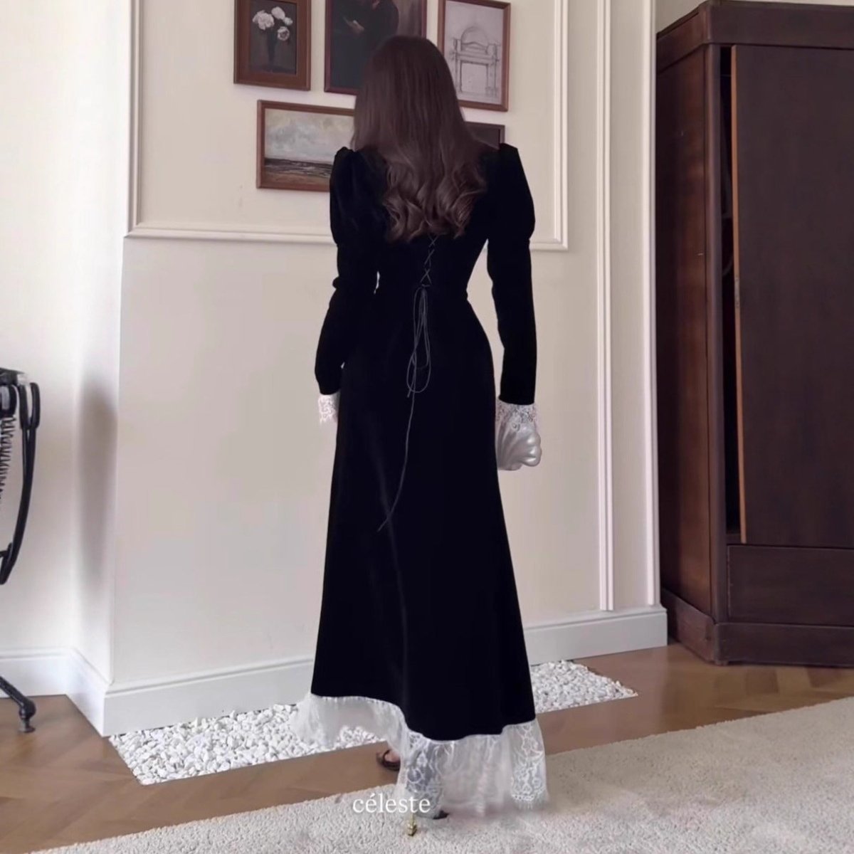 Velvet Gown with Lace Trim(MS238) - Mariam's Collection