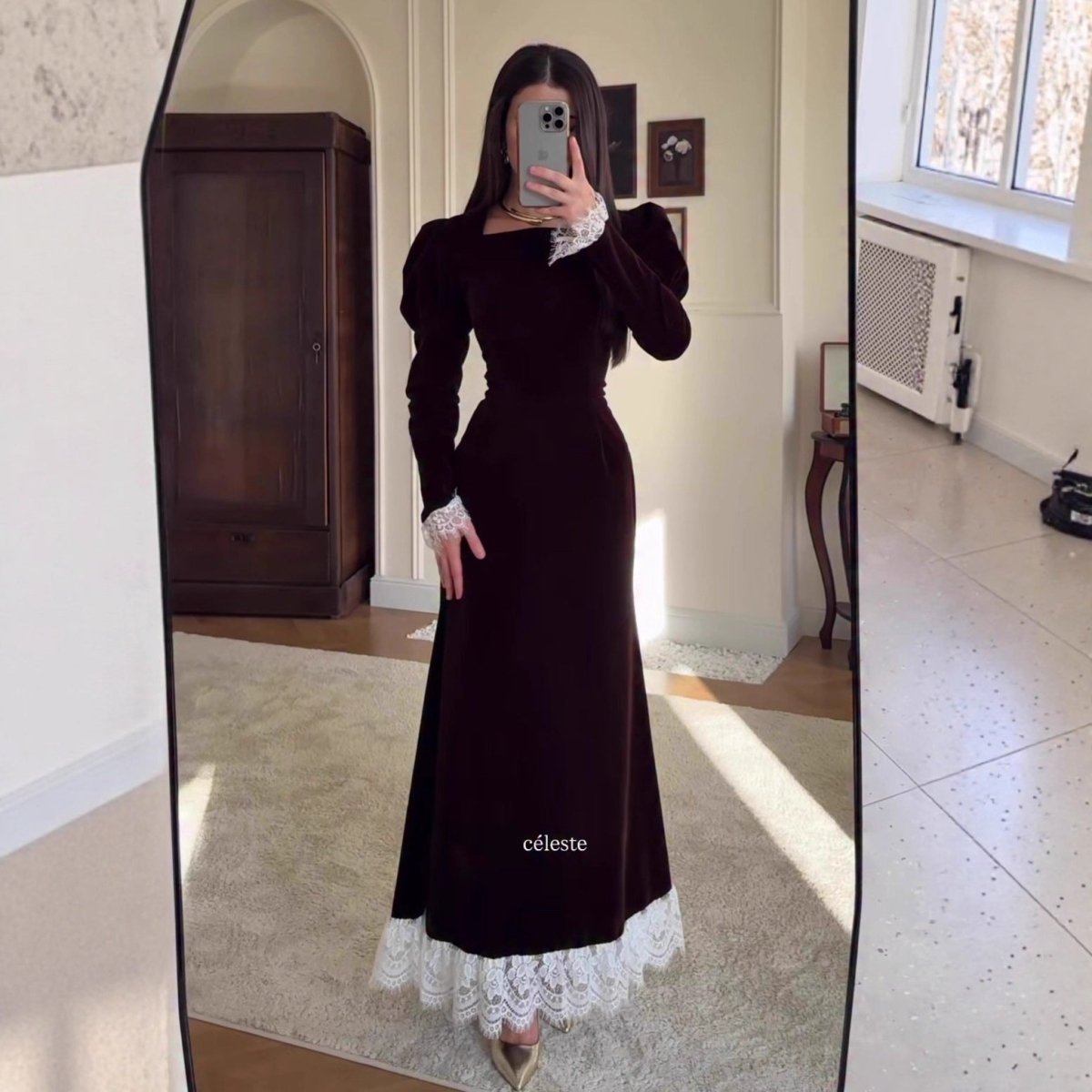 Velvet Gown with Lace Trim(MS238) - Mariam's Collection