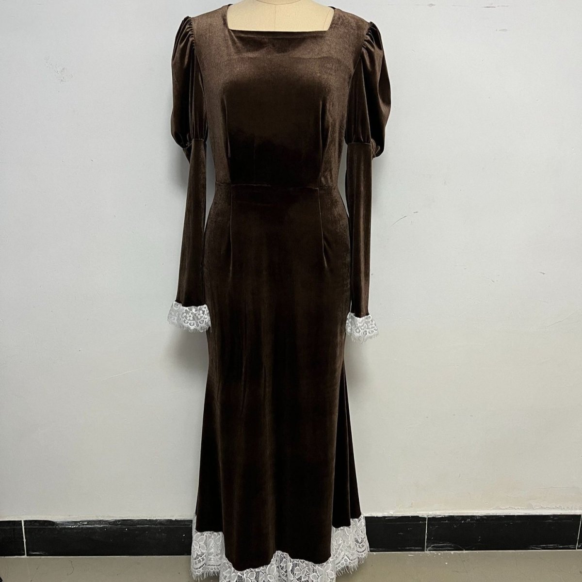 Velvet Gown with Lace Trim(MS238) - Mariam's Collection