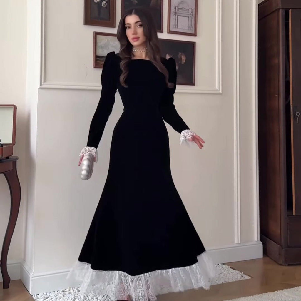 Velvet Gown with Lace Trim(MS238), brown / S