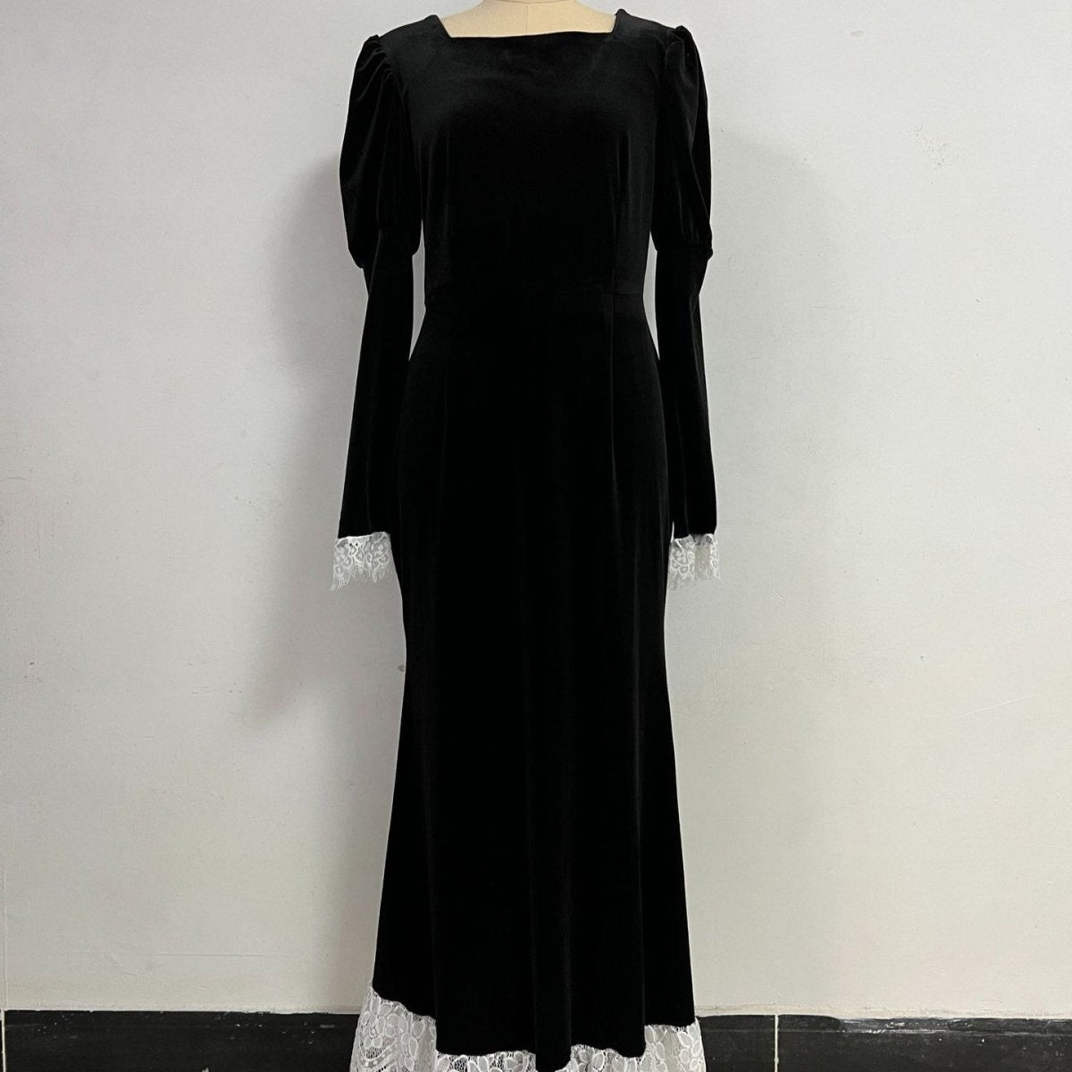 Velvet Gown with Lace Trim(MS238) - Mariam's Collection