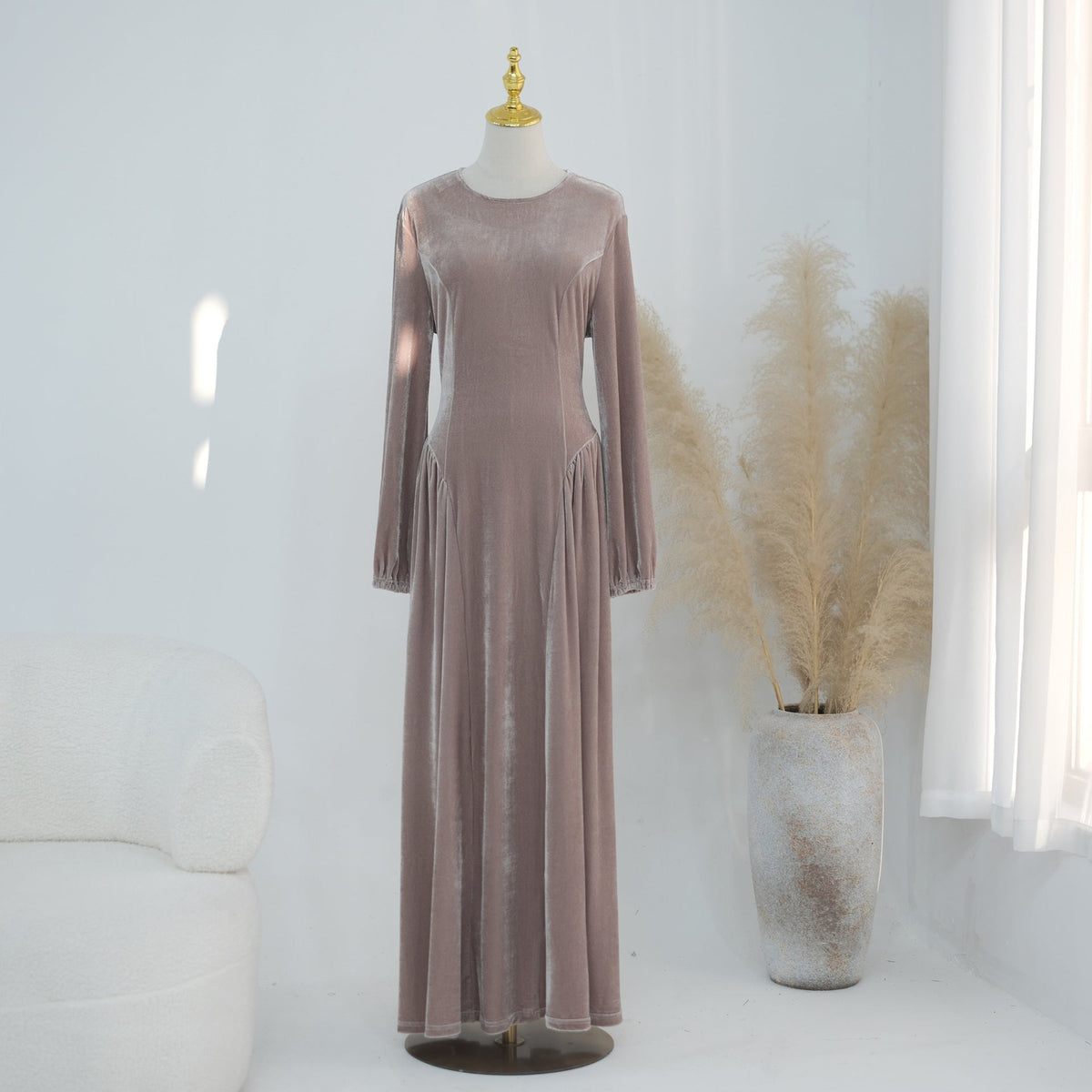 Velvet-Look Fit-and-Flare Maxi Dress(MS562) - Mariam's Collection