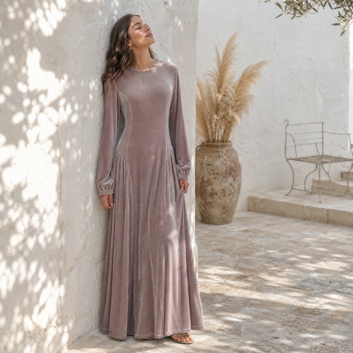 Velvet-Look Fit-and-Flare Maxi Dress(MS562) - Mariam's Collection