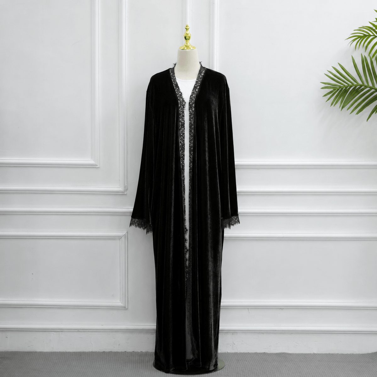 Velvet-Look Lace-Panel Longline Cardigan(MOA352) - Mariam's Collection