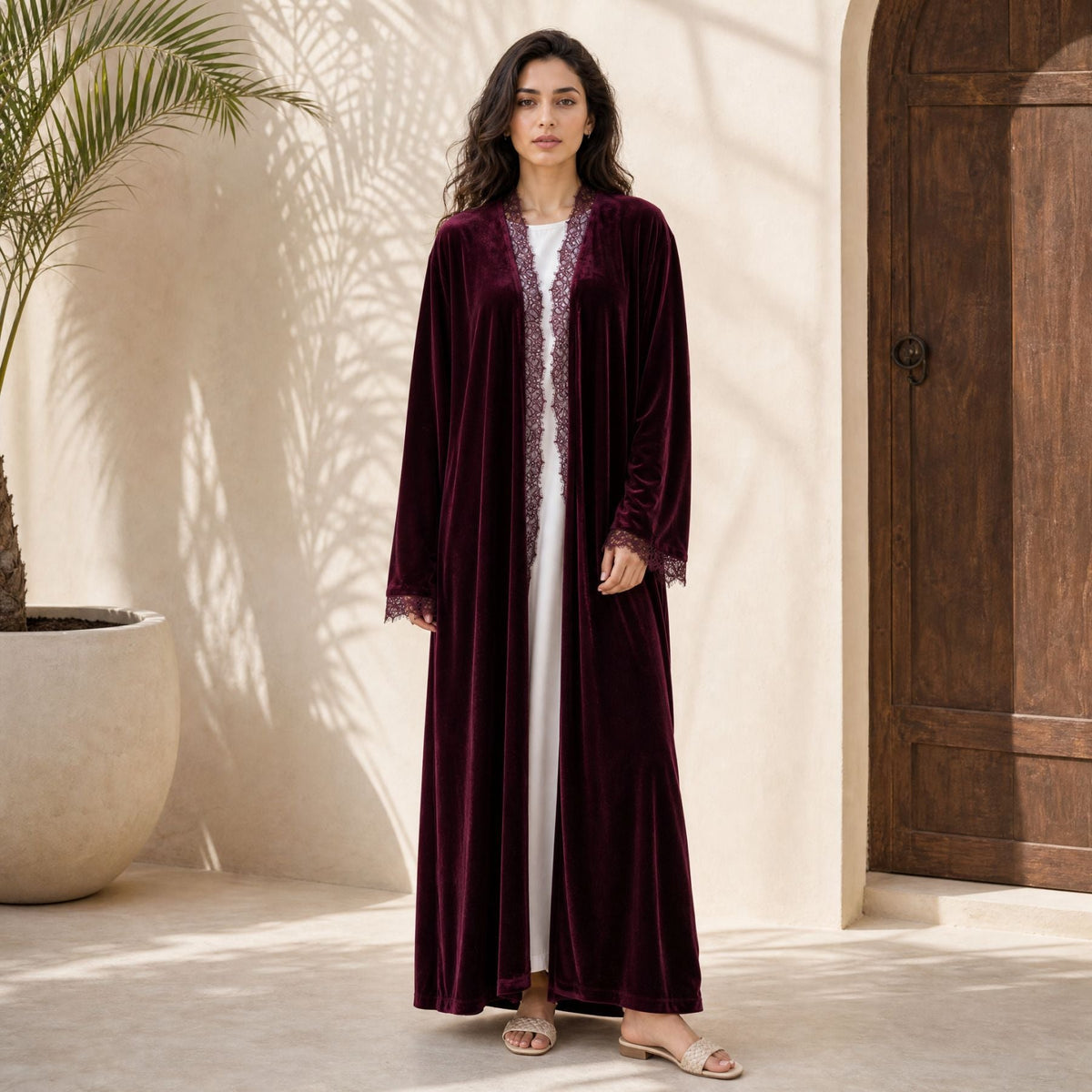 Velvet-Look Lace-Panel Longline Cardigan(MOA352) - Mariam's Collection
