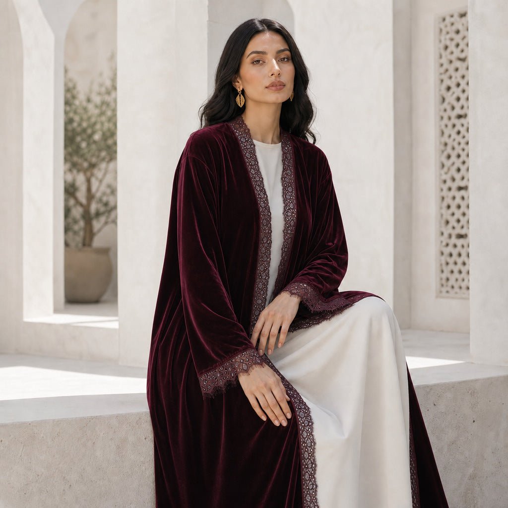 Velvet-Look Lace-Panel Longline Cardigan(MOA352) - Mariam's Collection