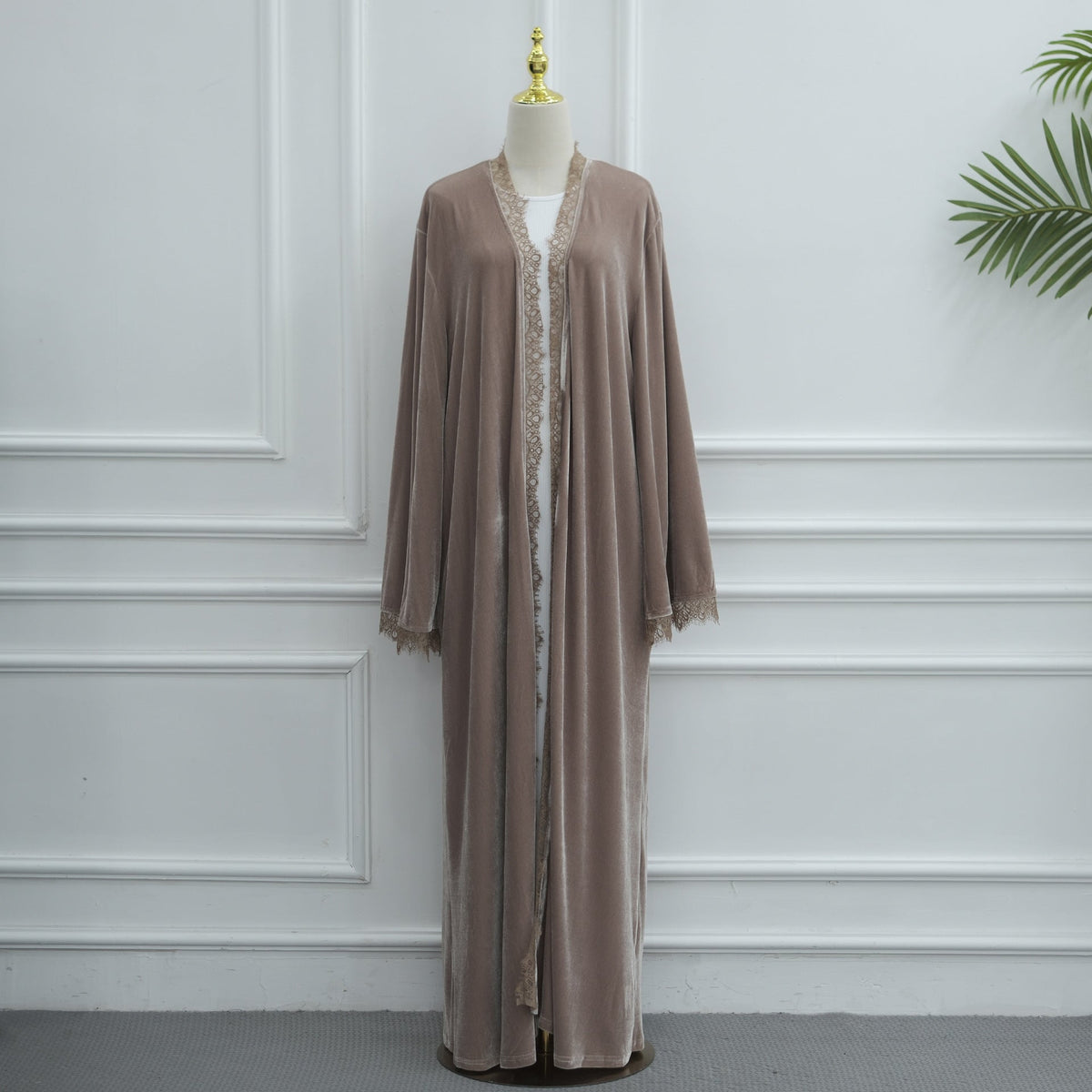 Velvet-Look Lace-Panel Longline Cardigan(MOA352) - Mariam's Collection