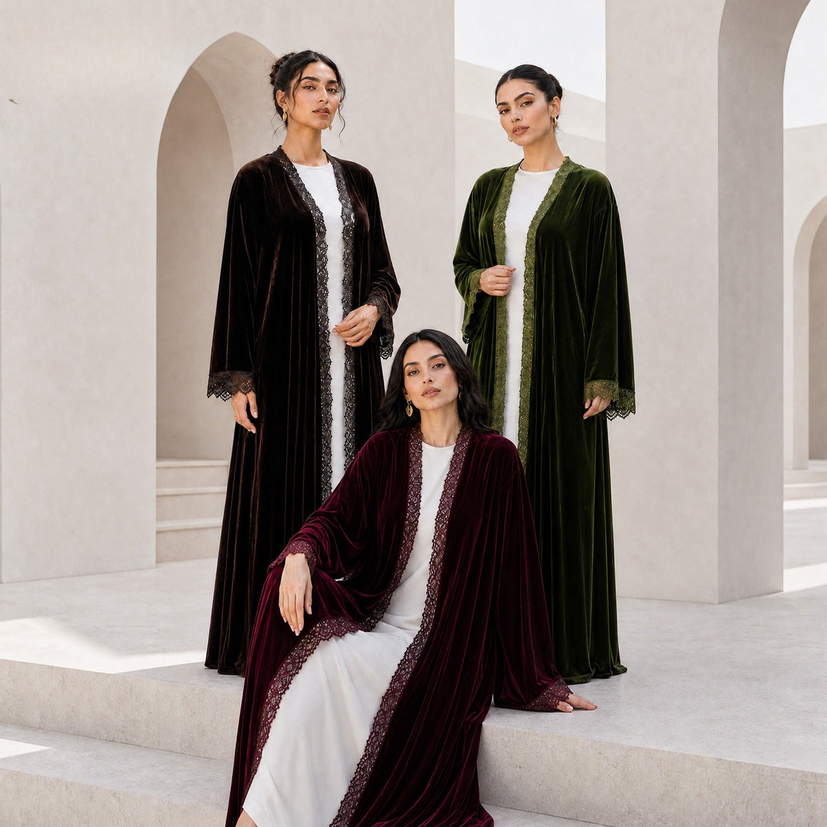 Velvet-Look Lace-Panel Longline Cardigan(MOA352) - Mariam's Collection