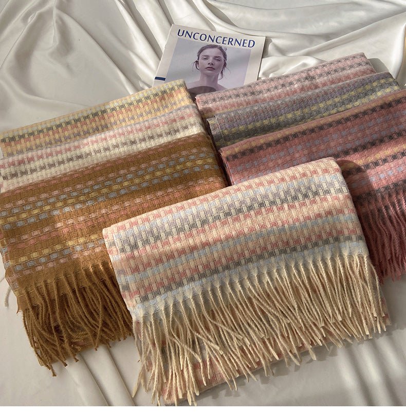 Vibrant Plaid Scarf Faux Wool Warm Shawl with Fringe (MAC334) - Mariam's Collection