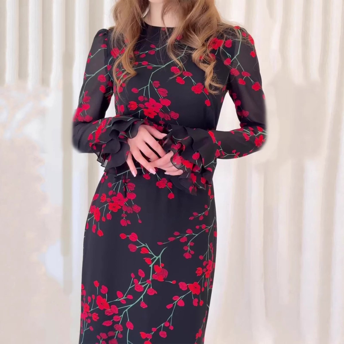 Vintage Floral Print Dress with Ruffle Cuffs(MS338) - Mariam's Collection