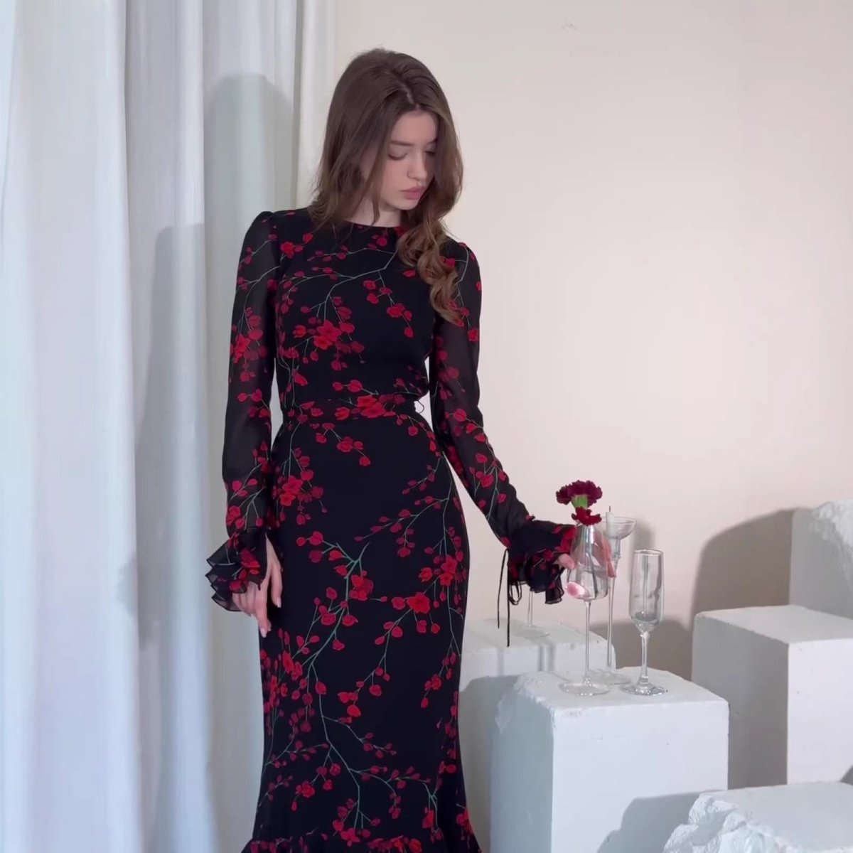 Vintage Floral Print Dress with Ruffle Cuffs(MS338) - Mariam's Collection