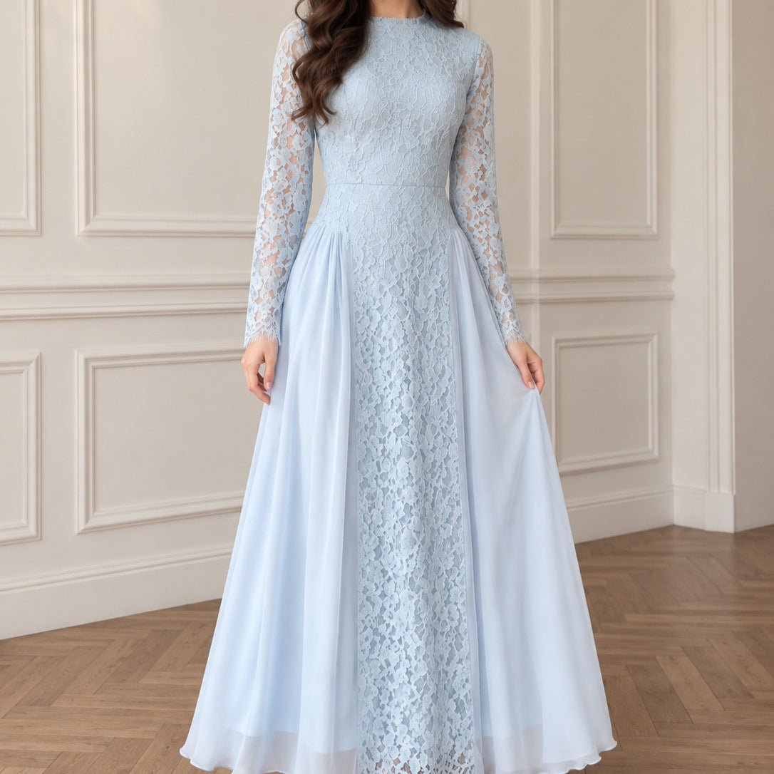 Vintage-Inspired Lace Panel Maxi Dress | Elegant Long-Sleeve A-Line Gown(MS577) - Mariam's Collection