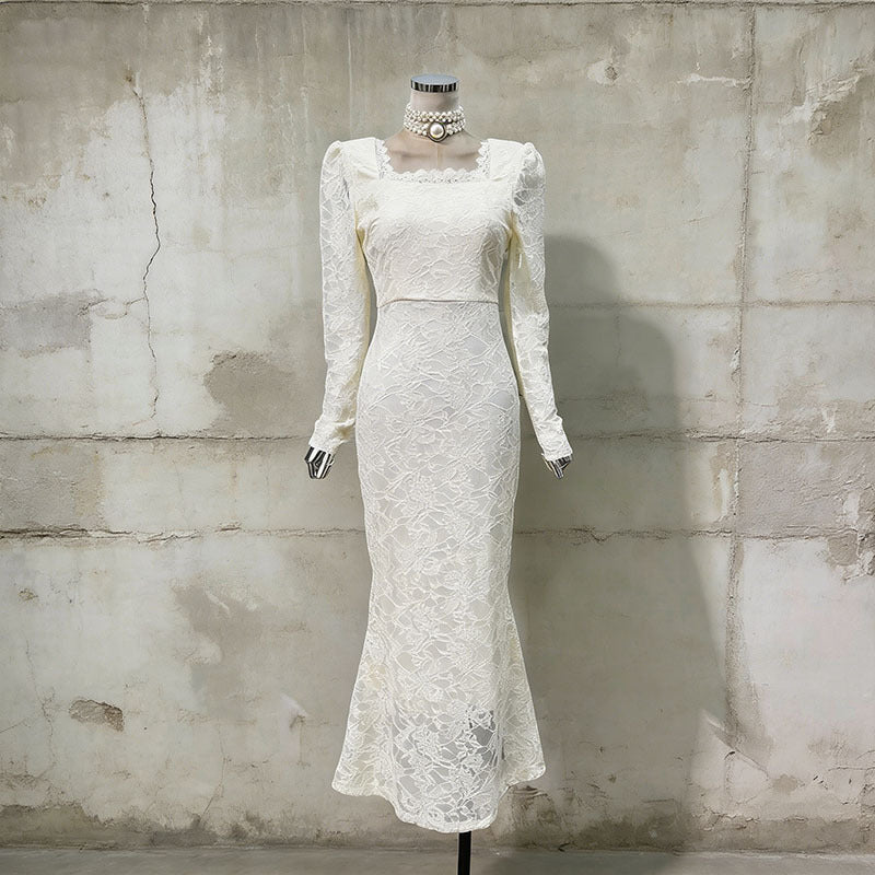 Vintage Lace Fishtail Dress Mermaid Silhouette Modest Lace Gown White / S Vintage Lace Fishtail Dress Mermaid Silhouette Modest Lace Gown White / S