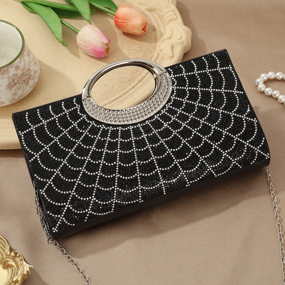 Vintage circular handle clutch bag shown open to reveal interior lining