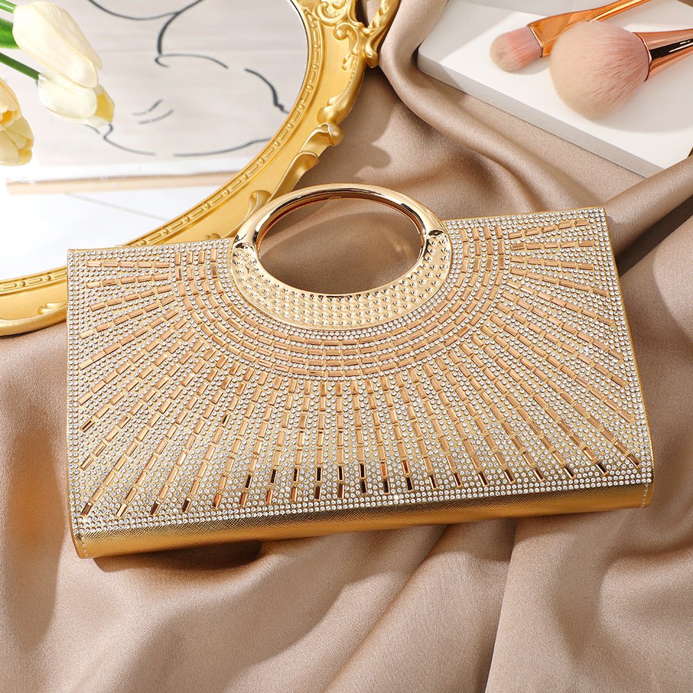 Vintage clutch bag with gold handle styled for wedding guest outfit