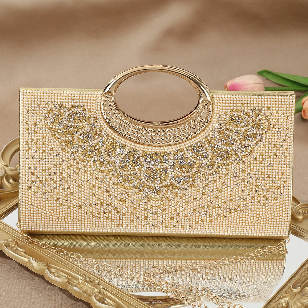Sparkly evening clutch bag photographed in natural daylight showing crystal clarity