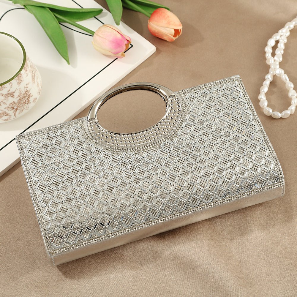 Sparkly evening clutch bag from above showing full circular silhouette