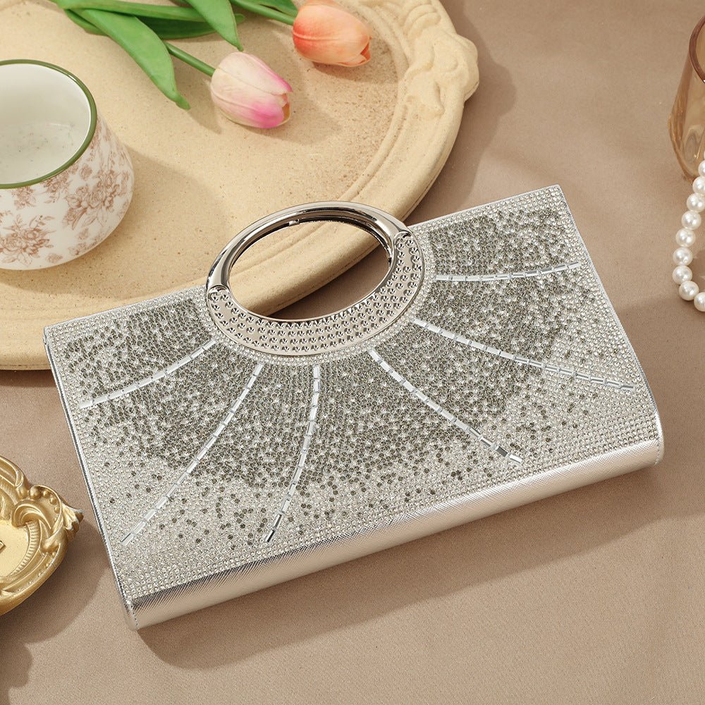 Full-body model shot with rhinestone clutch bag and abaya at Eid gathering