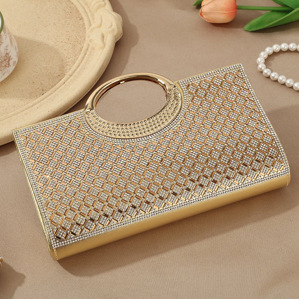 Back view of structured hardshell rhinestone clutch bag