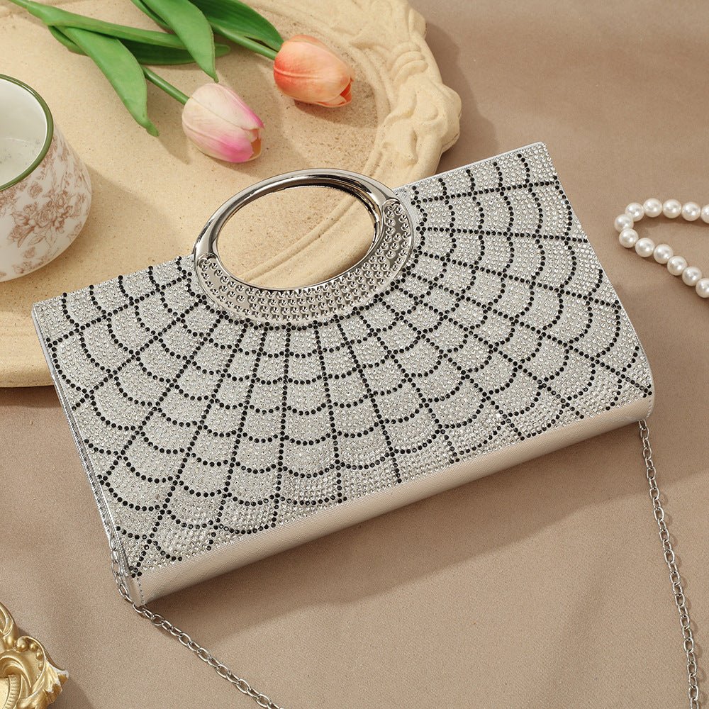 Structured hardshell body of sparkly evening clutch bag close-up