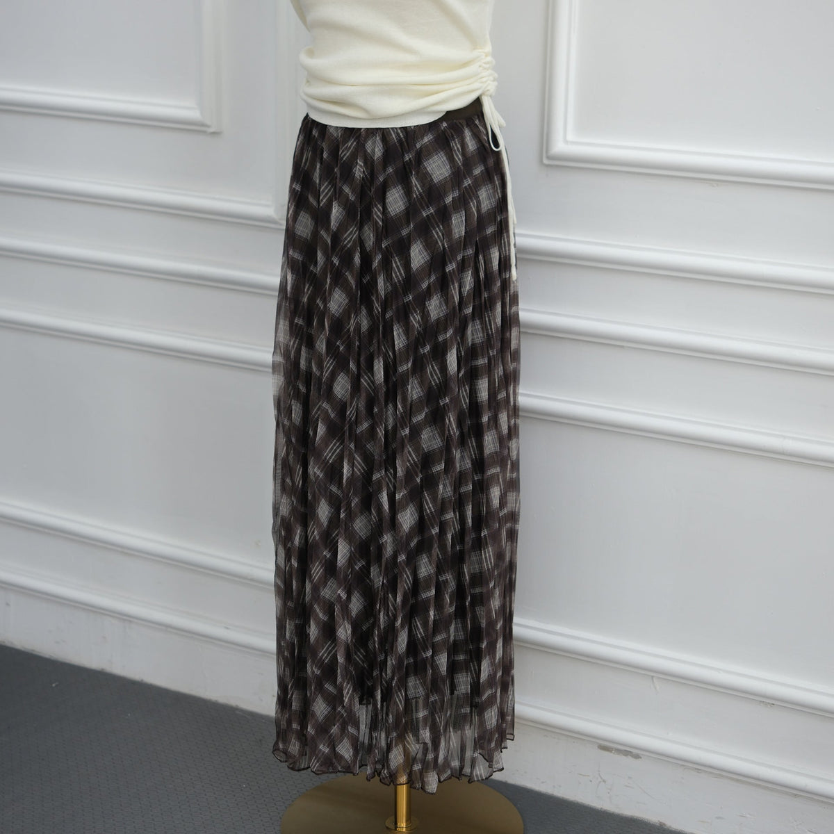 Vintage Plaid Mesh Pleated Maxi Skirt(MS597) - Mariam's Collection