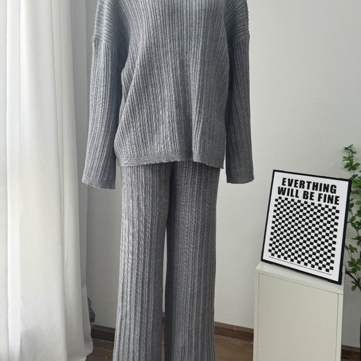 Vintage Ribbed Knit Sweater Set | High Neck Pullover & Wide Leg Pants(MS139) - Mariam's Collection