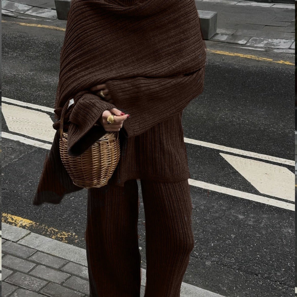 Vintage Ribbed Knit Sweater Set | High Neck Pullover & Wide Leg Pants(MS139) - Mariam's Collection