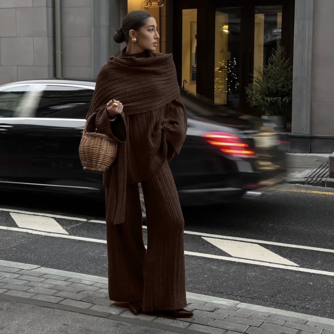 Vintage Ribbed Knit Sweater Set | High Neck Pullover & Wide Leg Pants(MS139) - Mariam's Collection