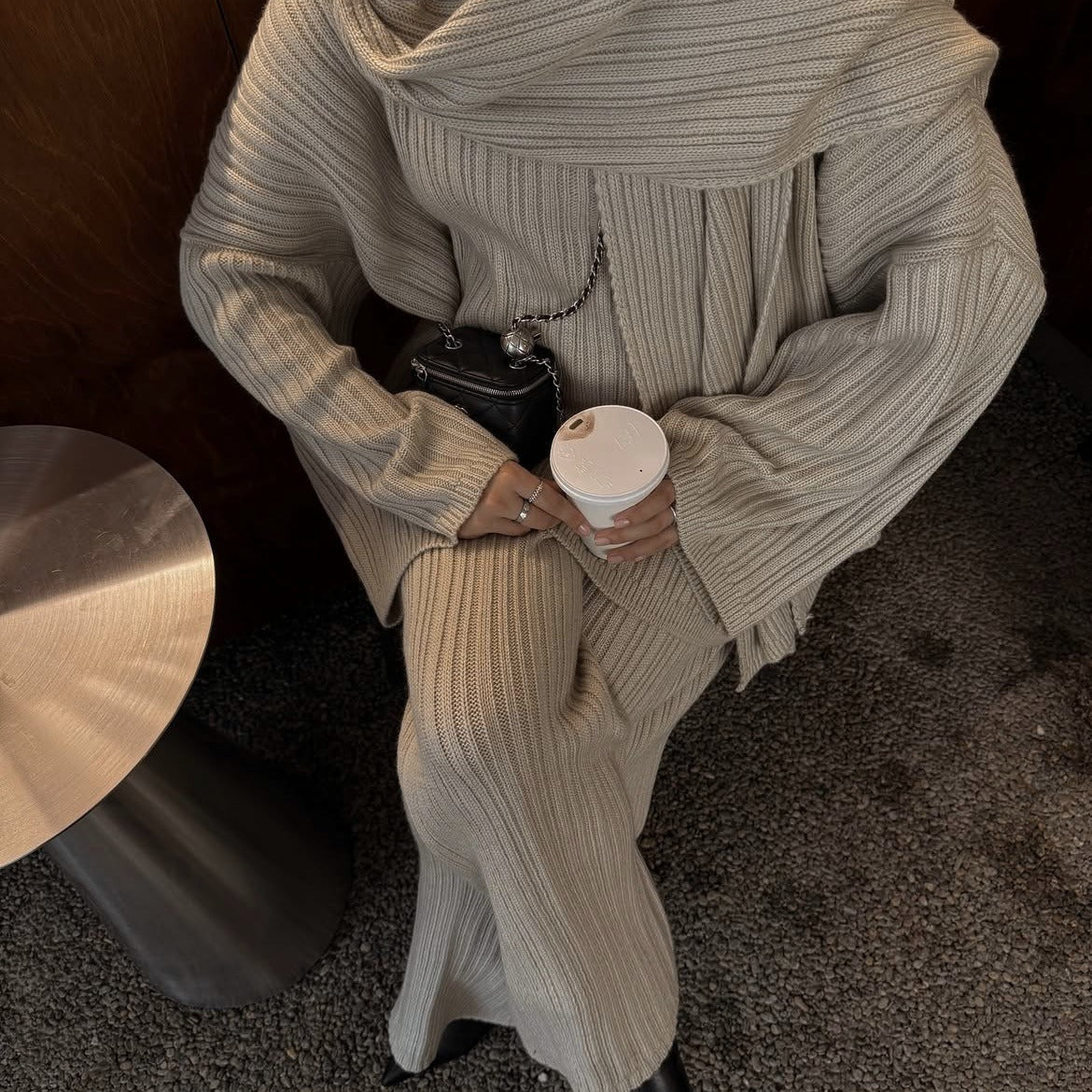 Vintage Ribbed Knit Sweater Set | High Neck Pullover & Wide Leg Pants(MS139) - Mariam's Collection