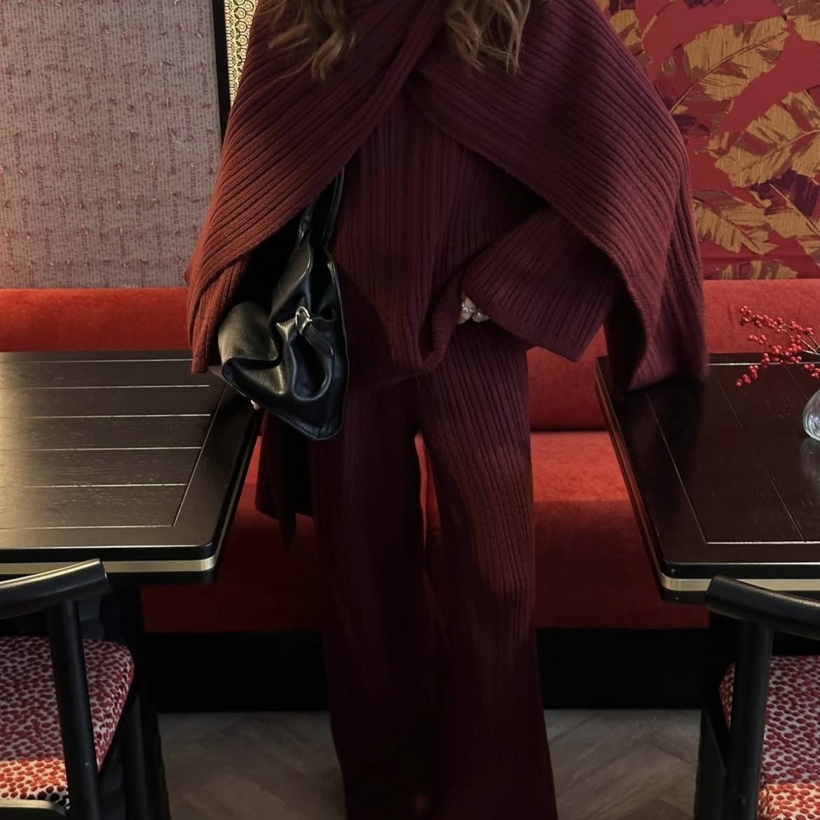 Vintage Ribbed Knit Sweater Set | High Neck Pullover & Wide Leg Pants(MS139) - Mariam's Collection