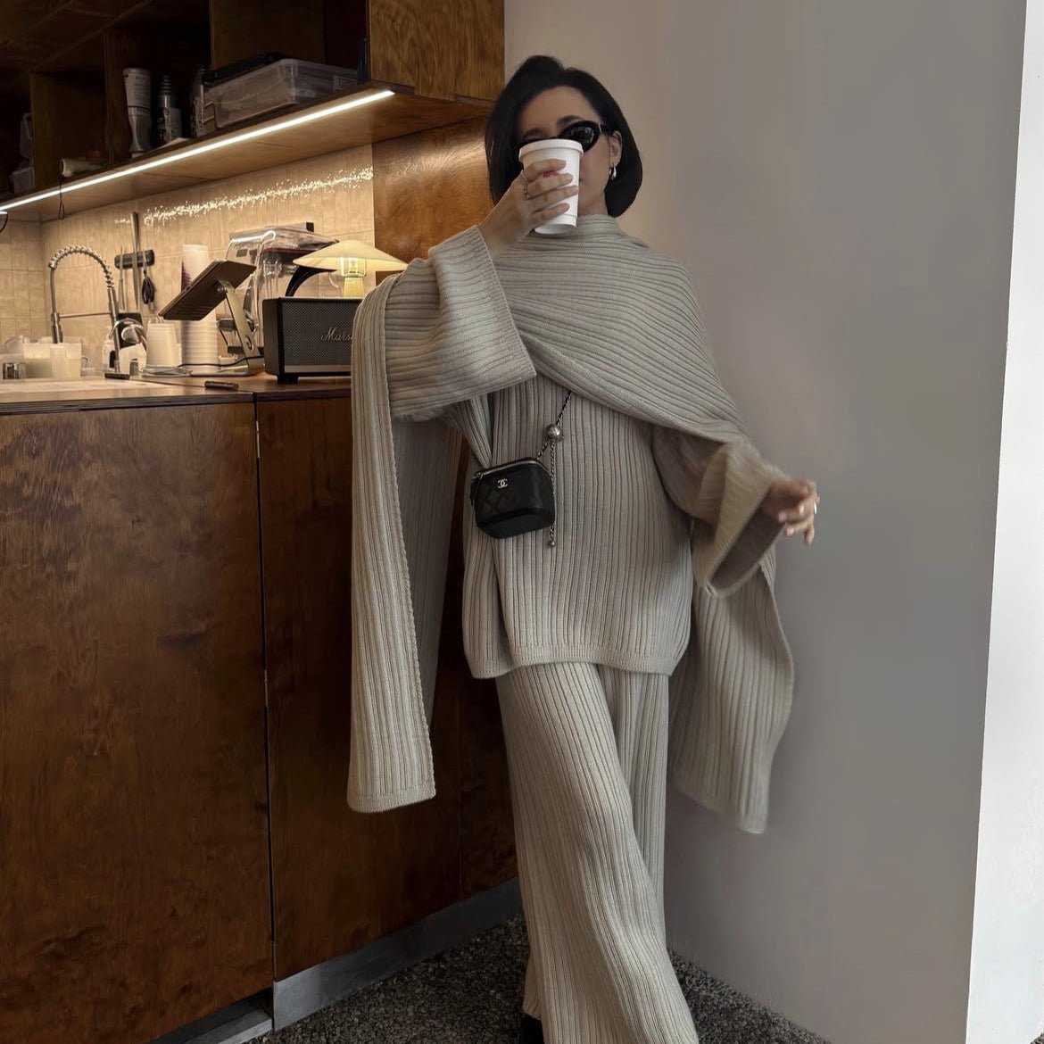 Vintage Ribbed Knit Sweater Set | High Neck Pullover & Wide Leg Pants(MS139) - Mariam's Collection